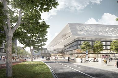 Visualisierung des neuen Empfangsgebäudes von der Luisenstraße aus