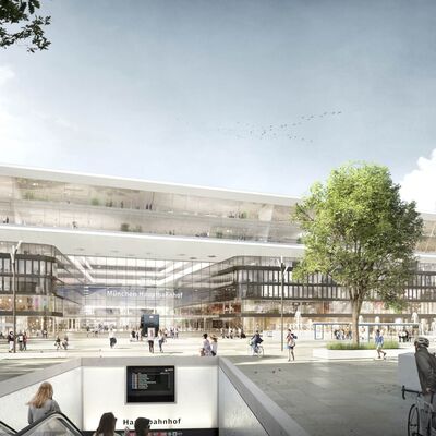 Das neue Empfangsgebäude von der Schützenstraße aus. Vor dem Gebäude der neu gestaltete Bahnhofsplatz